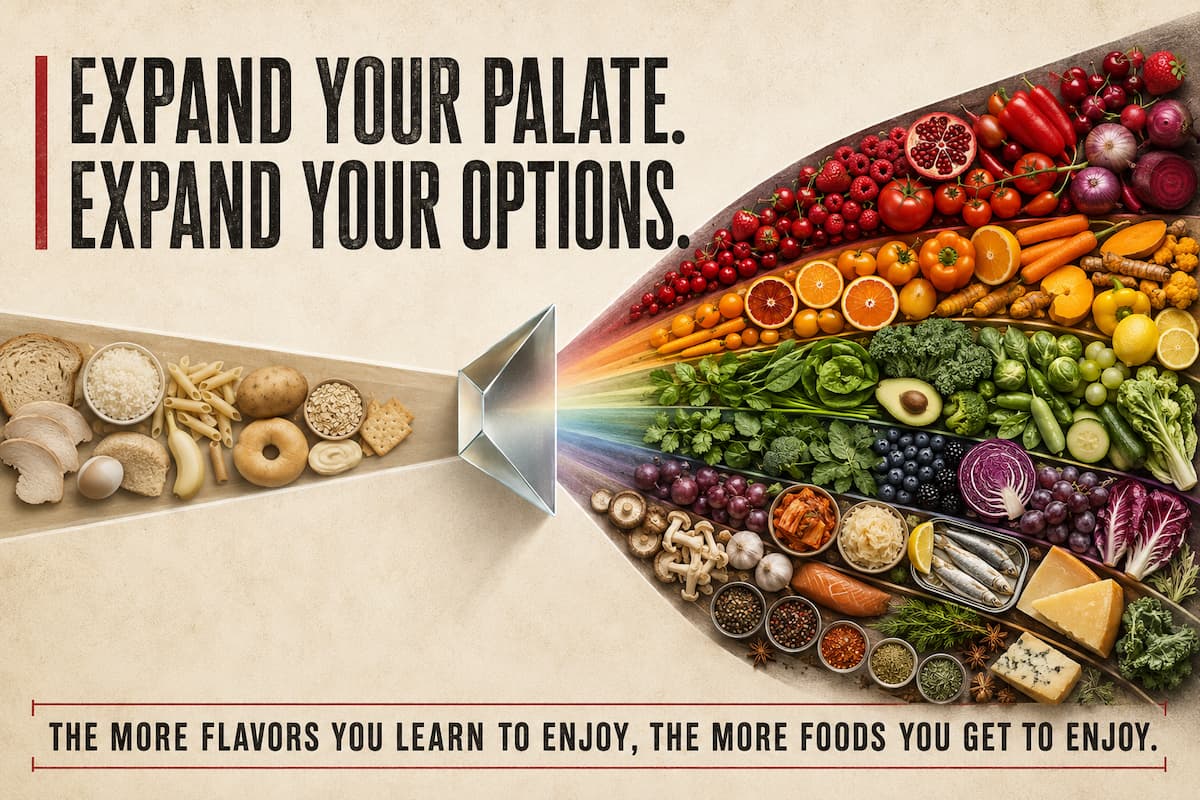 A narrow band of beige foods passes through a prism and fans out into a full spectrum of colorful fruits, vegetables, fish, fermented foods and spices.