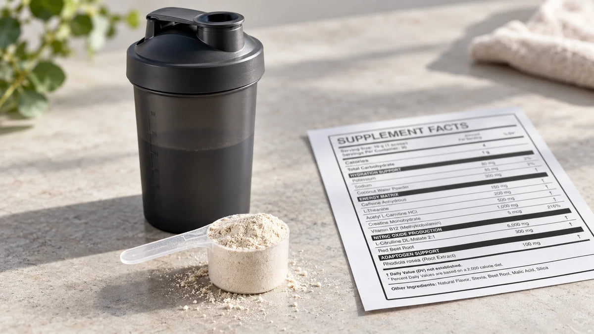 Pre-workout powder and a shaker beside a supplement label for ingredient comparison.