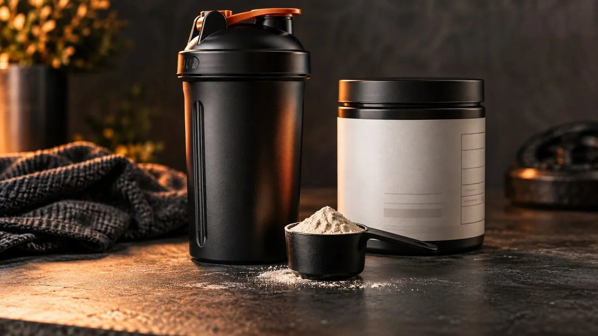 Pre-workout powder, a shaker, and a supplement label arranged for ingredient comparison.