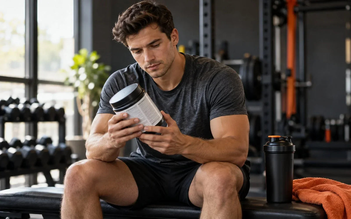 Athlete reading a pre-workout supplement label beside a shaker bottle.