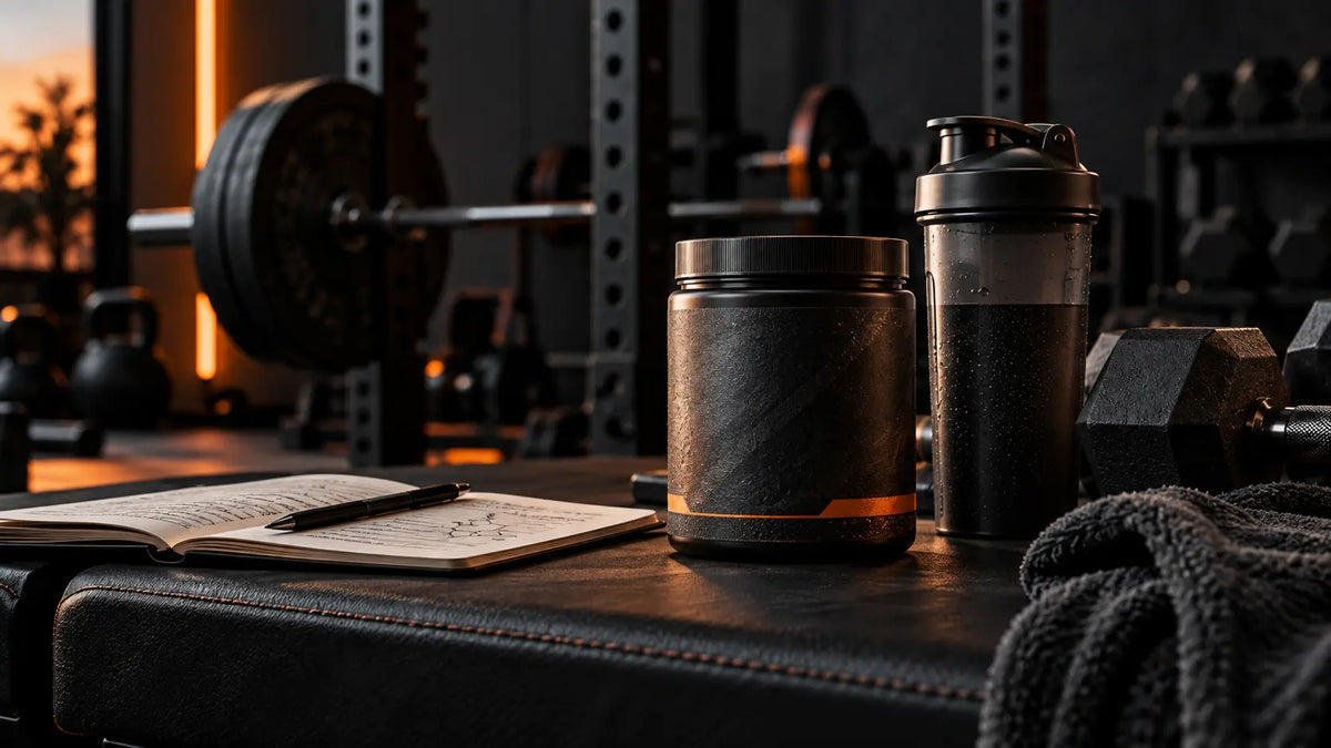 Pre-workout supplement beside gym equipment representing how to choose a good pre-workout