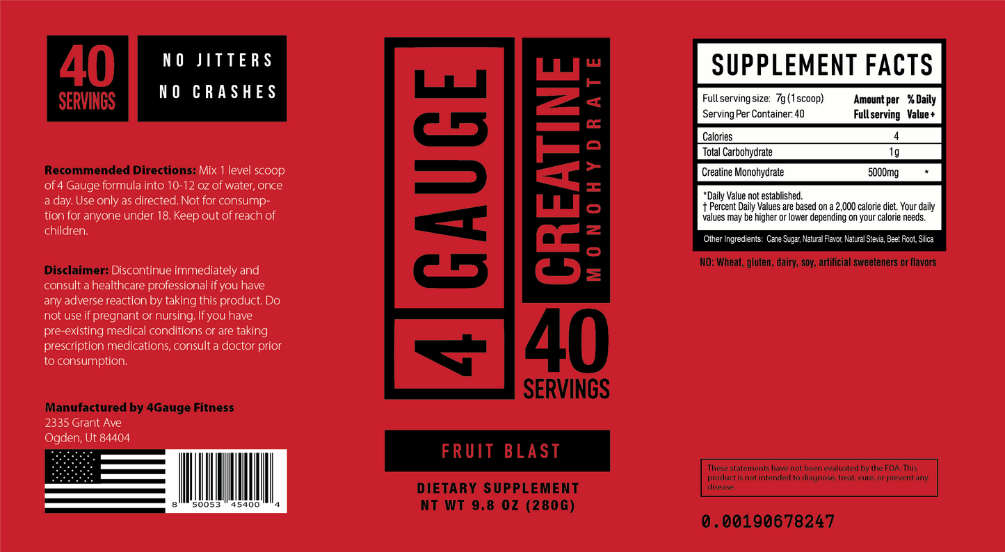 
                  
                    4 GAUGE Creatine Monohydrate - 40 Servings - Fruit Blast Flavor
                  
                